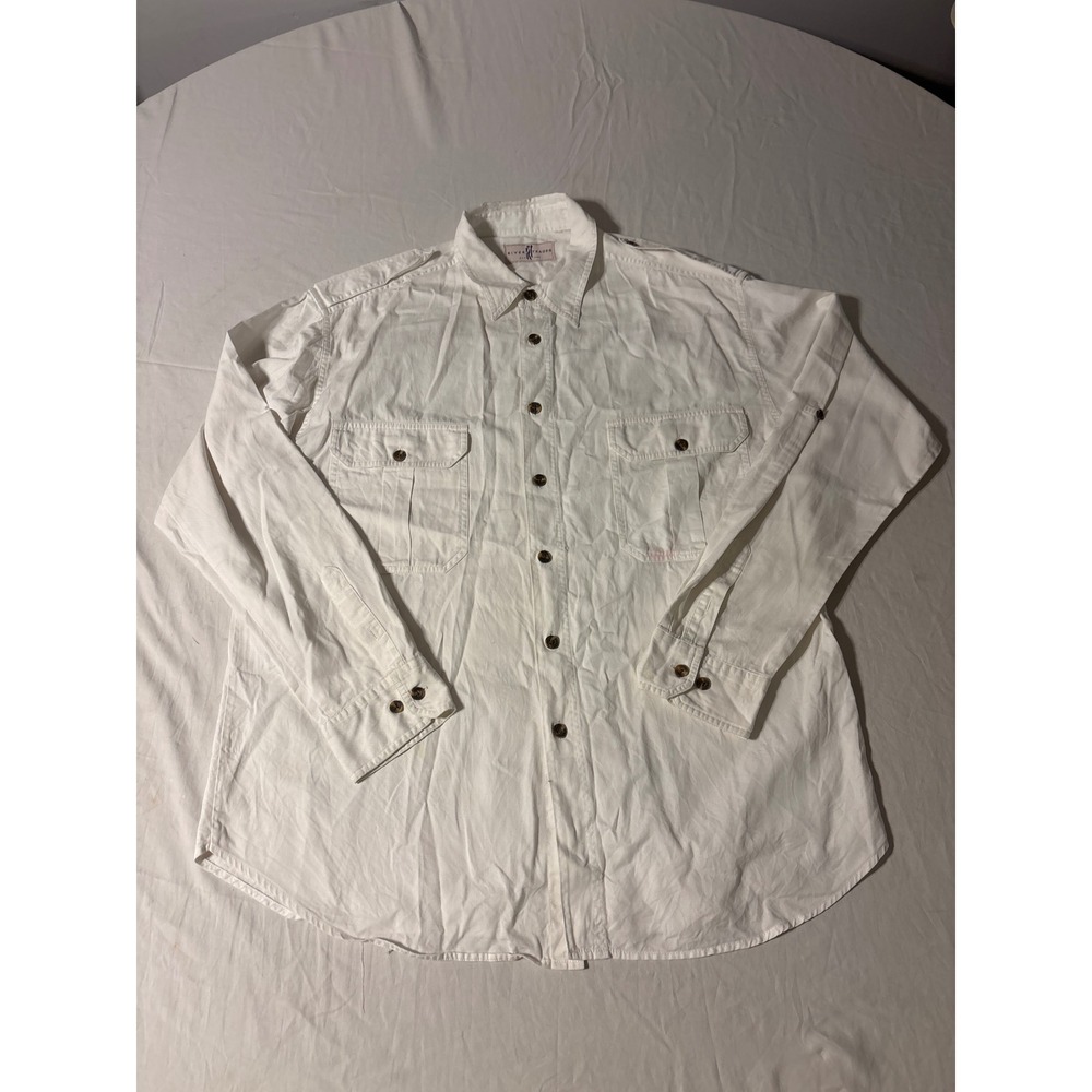 River Trader Safari Shirt Mens XL White Cotton Utility Button Down Epaulettes